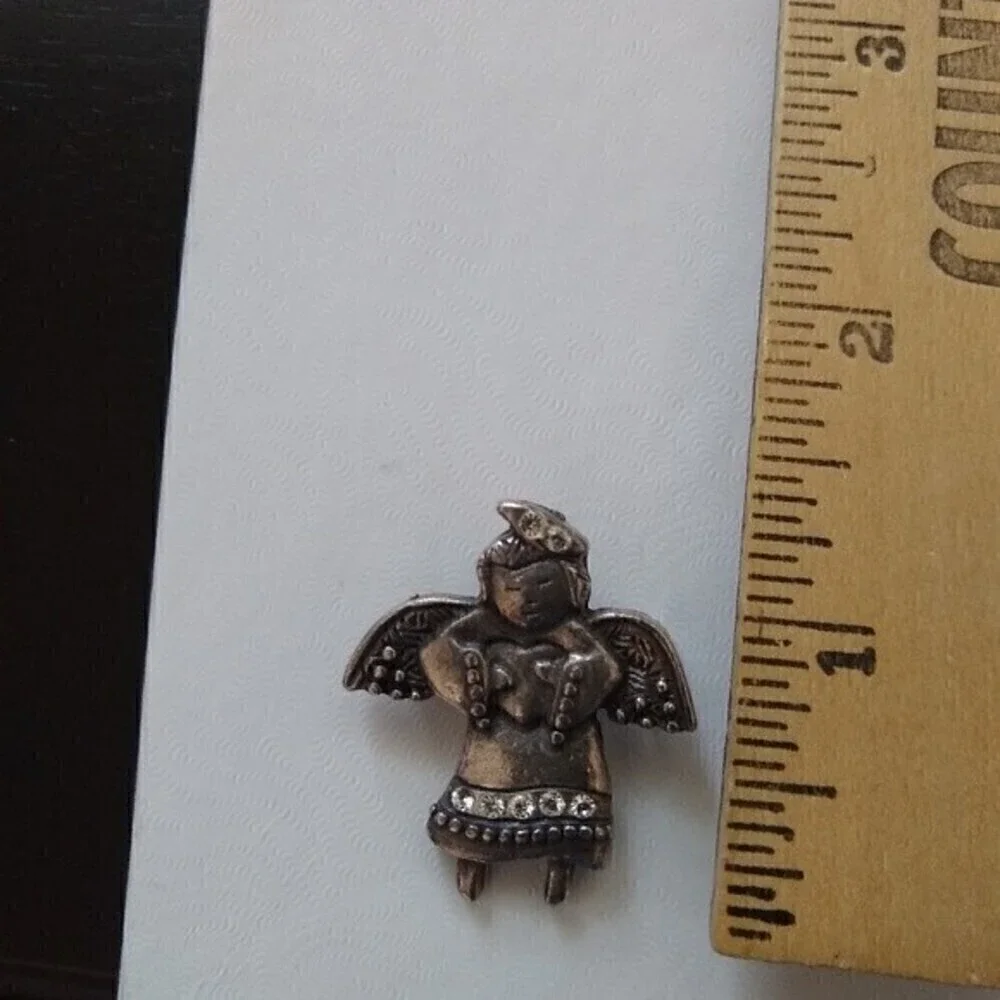 Antique Silvertone Angel Cherub with Heart Pin Brooch Rhinestones CLEARANCE